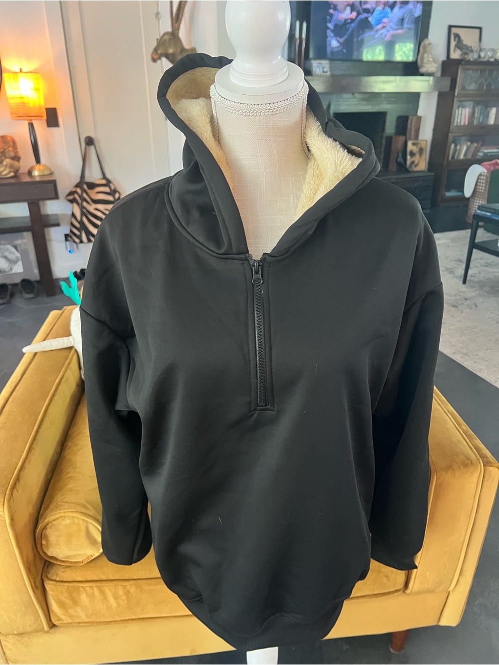 Men's Black Zip-Front Hoodie with Cream Sherpa Lining